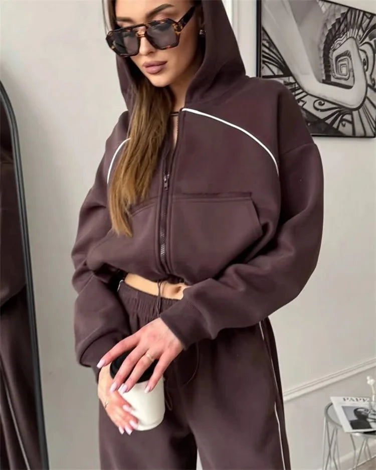Drawstring-Hem Zip Hoodie & Wide-Leg Pants Set