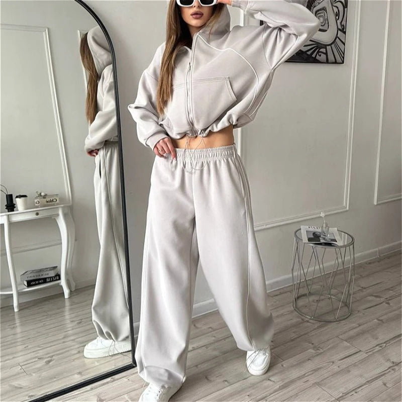 Drawstring-Hem Zip Hoodie & Wide-Leg Pants Set