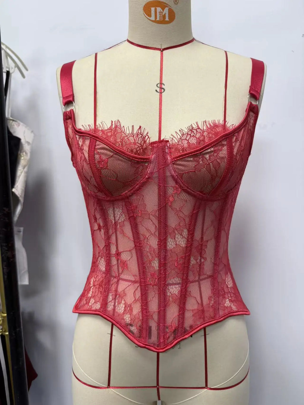 Sheer Lace Corset Top - Longline Lace-Up Bustier