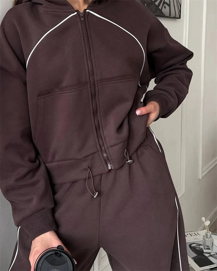 Drawstring-Hem Zip Hoodie & Wide-Leg Pants Set