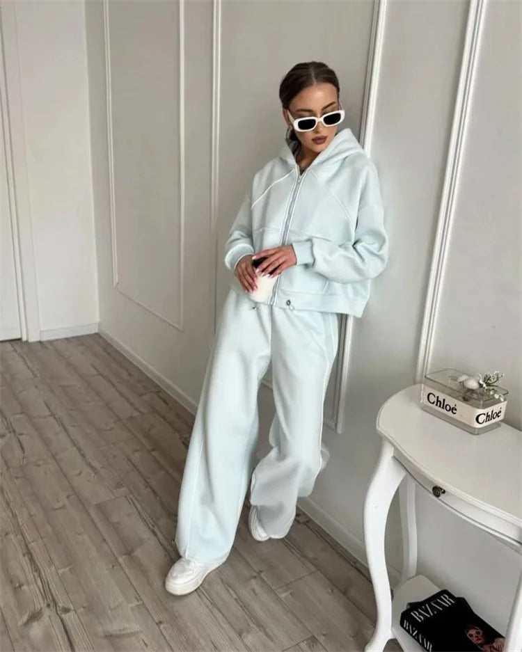 Drawstring-Hem Zip Hoodie & Wide-Leg Pants Set