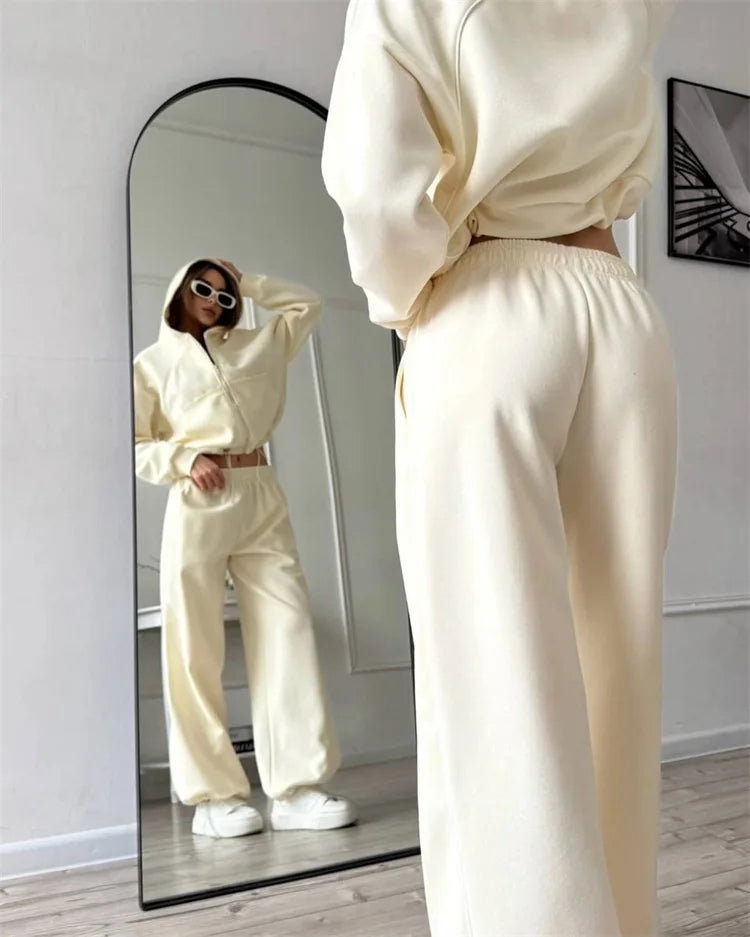 Drawstring-Hem Zip Hoodie & Wide-Leg Pants Set