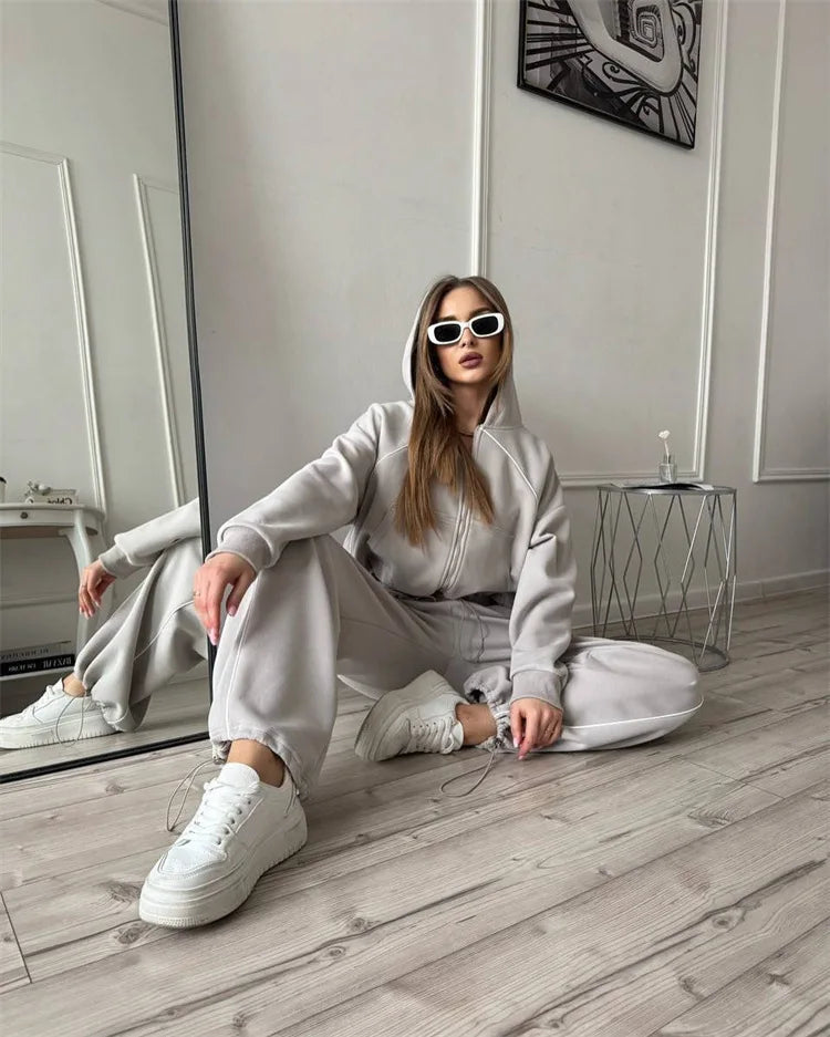 Drawstring-Hem Zip Hoodie & Wide-Leg Pants Set