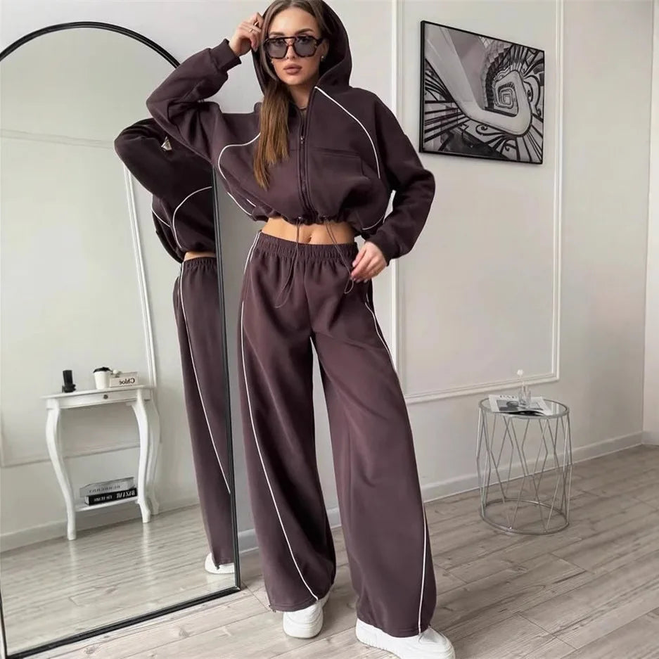 Drawstring-Hem Zip Hoodie & Wide-Leg Pants Set