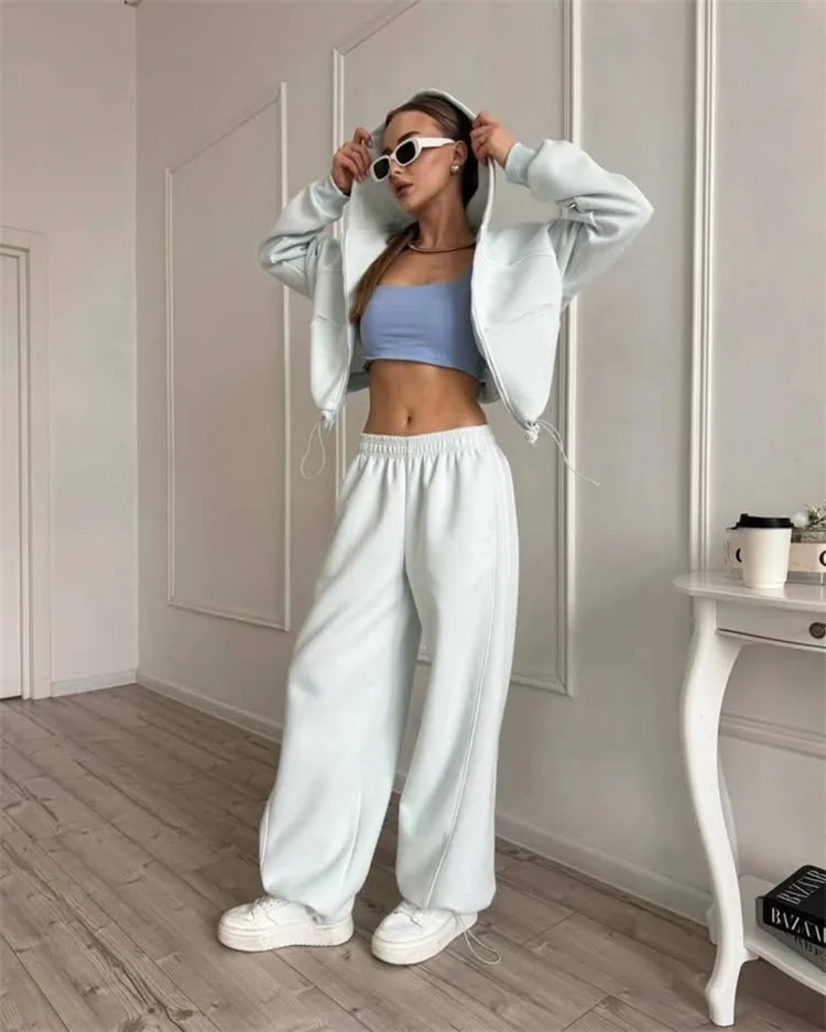 Drawstring-Hem Zip Hoodie & Wide-Leg Pants Set