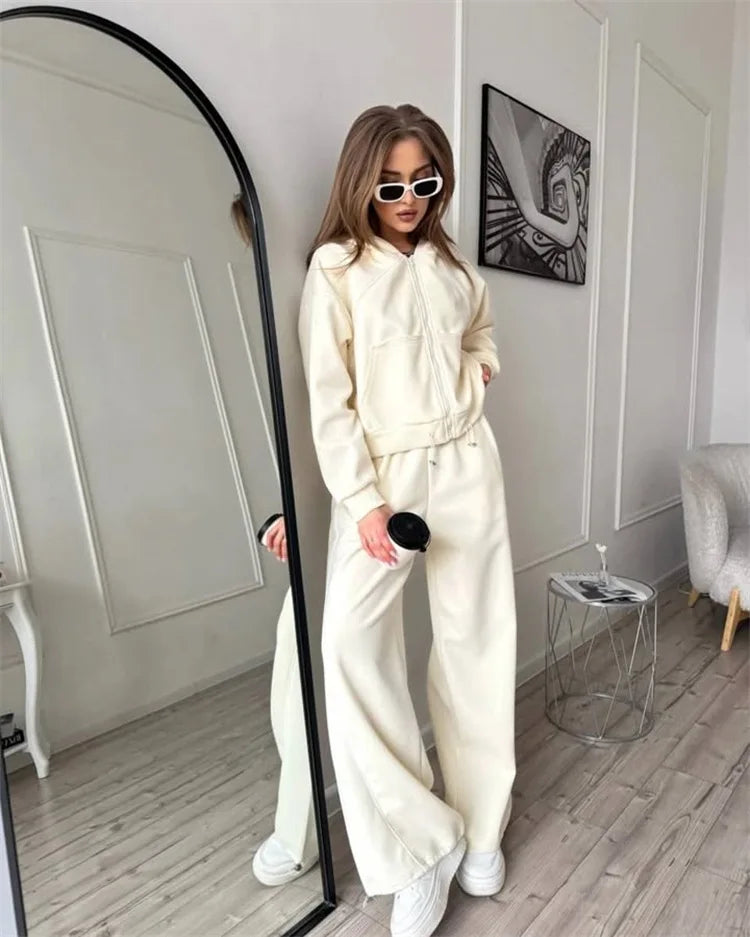 Drawstring-Hem Zip Hoodie & Wide-Leg Pants Set