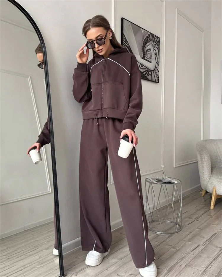Drawstring-Hem Zip Hoodie & Wide-Leg Pants Set