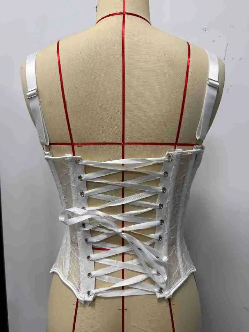 Sheer Lace Corset Top - Longline Lace-Up Bustier