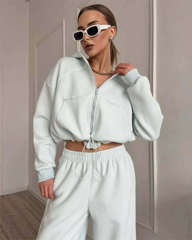 Drawstring-Hem Zip Hoodie & Wide-Leg Pants Set