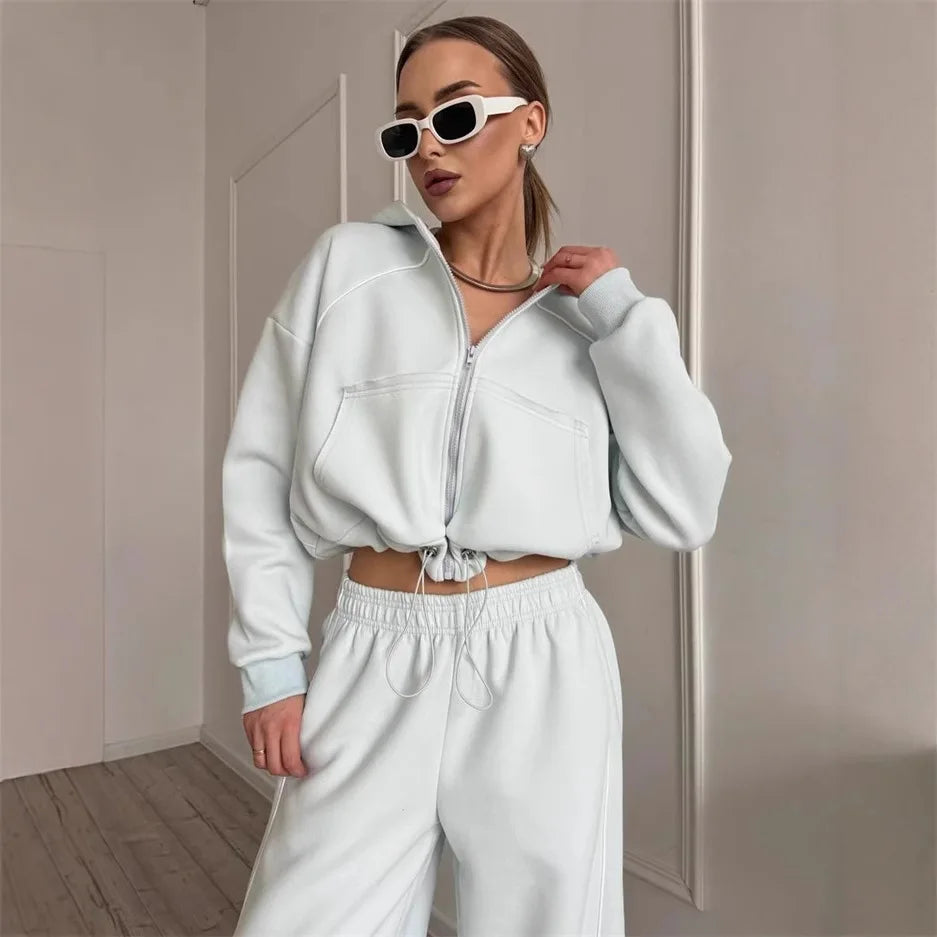 Drawstring-Hem Zip Hoodie & Wide-Leg Pants Set