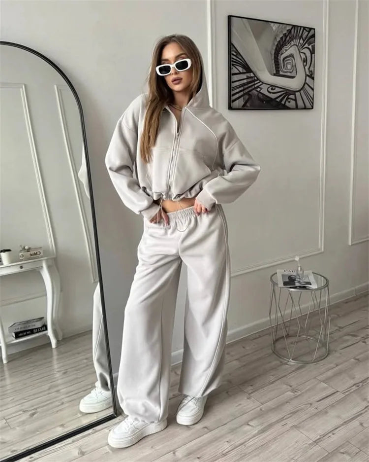 Drawstring-Hem Zip Hoodie & Wide-Leg Pants Set