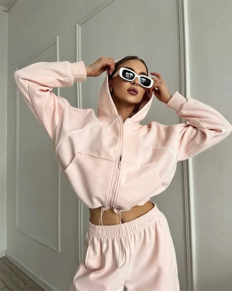 Drawstring-Hem Zip Hoodie & Wide-Leg Pants Set