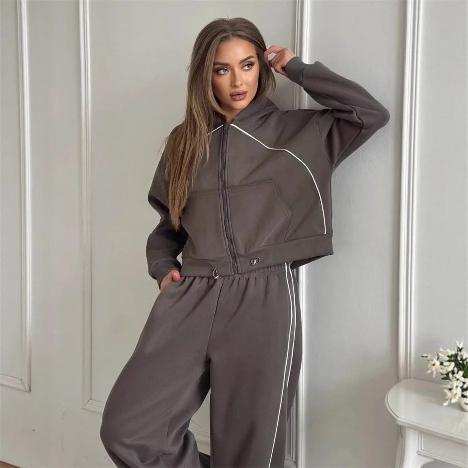 Drawstring-Hem Zip Hoodie & Wide-Leg Pants Set