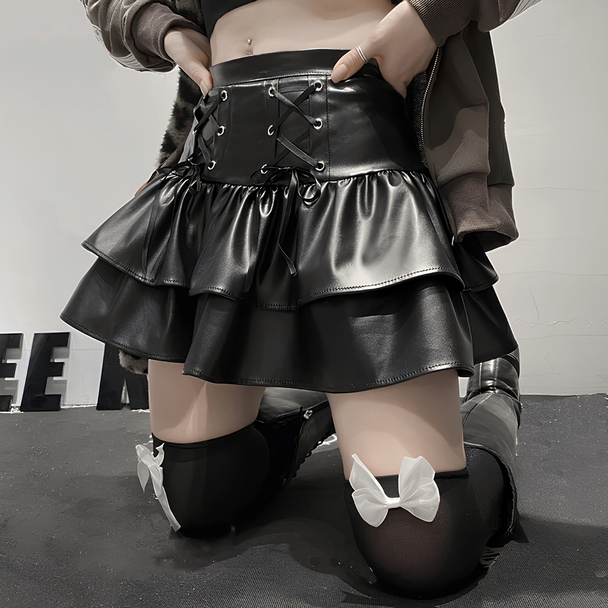 Black Gothic Faux Leather Lace-Up Ruffle Mini Skirt – product view