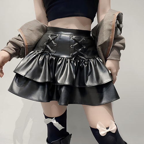 Black Gothic Faux Leather Lace-Up Ruffle Mini Skirt – alternate view 2